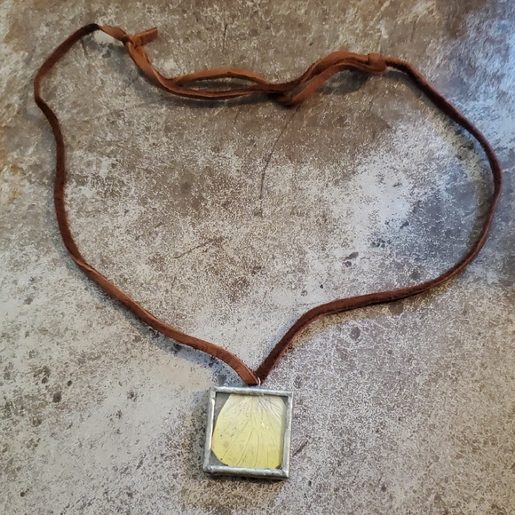 handcrafted Jewelry - Glass And Butterfly Wing Silver  Necklace with Brown Leather Cord